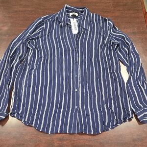 NWOT L'AGENCE Navy and White Silk Striped Button Down Shirt